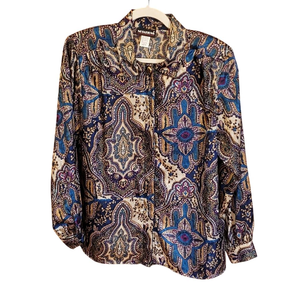 Notations Paisley Button Down Blouse 14 Blue Gold Baroque 90s Artsy Career